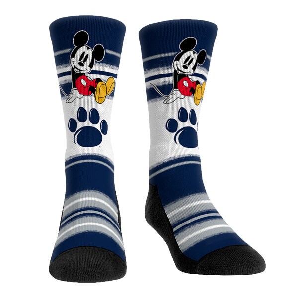 navy socks with white and gray stripes, Mickey Mouse, and paw print